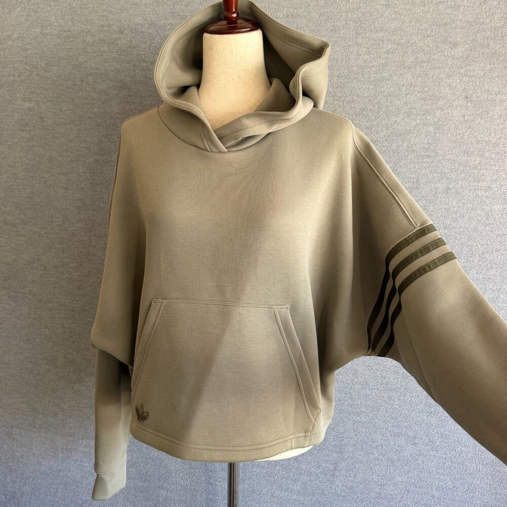 Adidas Neuclassics Hoodie Womens M Silver Pebble Olive Relaxed Cozy Sporty NWT